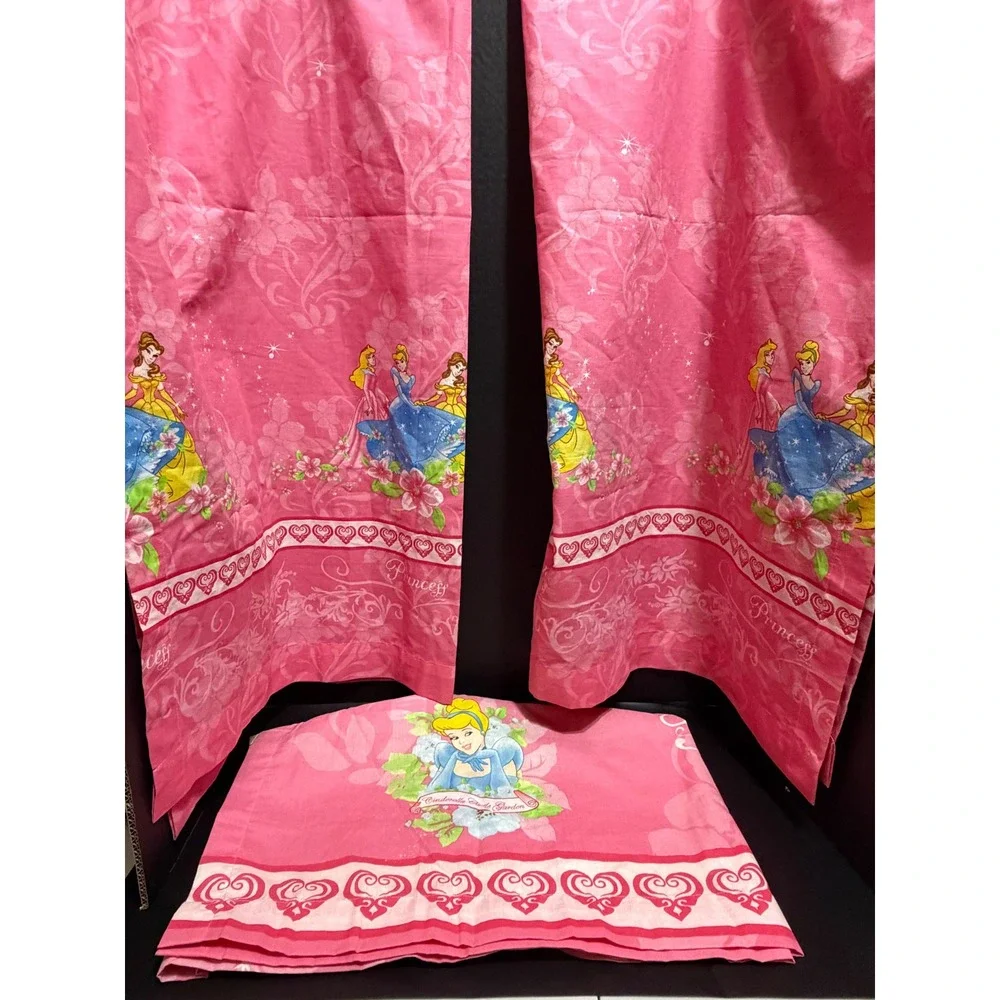 Vintage Disney Princess Pink Curtains Valance + 2 Panels Cinderella Belle Aurora